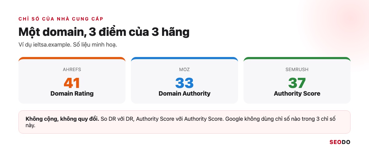 Công Cụ Phân Tích Đối Thủ SEO: 12 Tool Dùng Theo Quy Trình 5 Bước (Cập Nhật 2026) 66 Bảng 1 domain với 3 điểm của Ahrefs, Moz và Semrush kèm ghi chú không cộng, không quy đổi