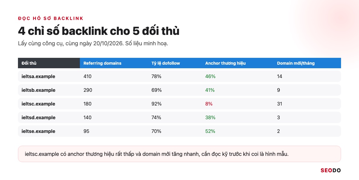 Công Cụ Phân Tích Đối Thủ SEO: 12 Tool Dùng Theo Quy Trình 5 Bước (Cập Nhật 2026) 54 Mẫu bảng 4 chỉ số backlink cho 5 đối thủ: referring domains, tỷ lệ dofollow, anchor thương hiệu, domain mới mỗi tháng