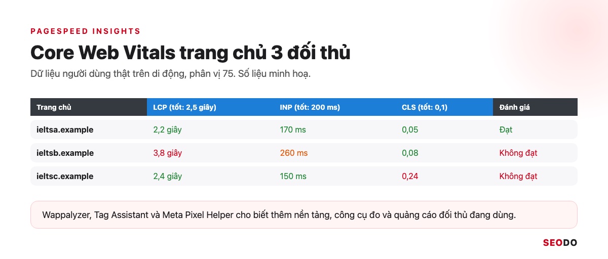Công Cụ Phân Tích Đối Thủ SEO: 12 Tool Dùng Theo Quy Trình 5 Bước (Cập Nhật 2026) 58 Bảng so LCP, INP, CLS của trang chủ 3 đối thủ, đánh dấu chỉ số đạt và chưa đạt