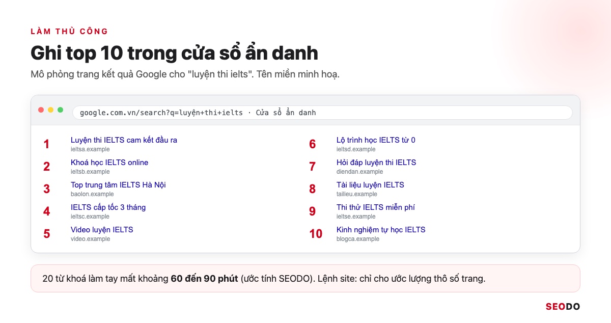 Công Cụ Phân Tích Đối Thủ SEO: 12 Tool Dùng Theo Quy Trình 5 Bước (Cập Nhật 2026) 50 Mô phỏng trang kết quả Google trong cửa sổ ẩn danh, đánh số 1 đến 10 bên cạnh từng kết quả