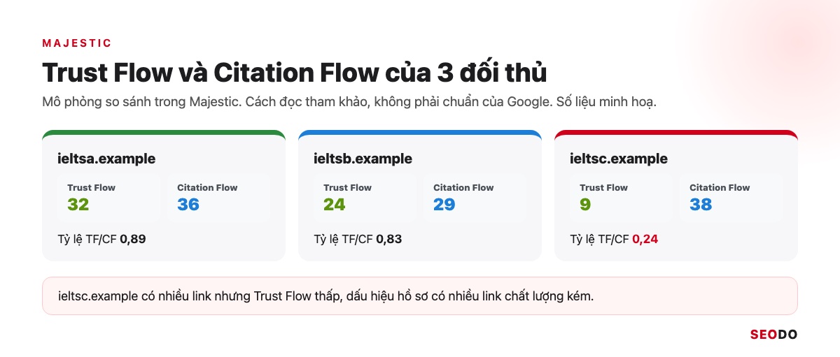 Công Cụ Phân Tích Đối Thủ SEO: 12 Tool Dùng Theo Quy Trình 5 Bước (Cập Nhật 2026) 52 Mô phỏng biểu đồ Trust Flow và Citation Flow của 3 domain đối thủ trong Majestic