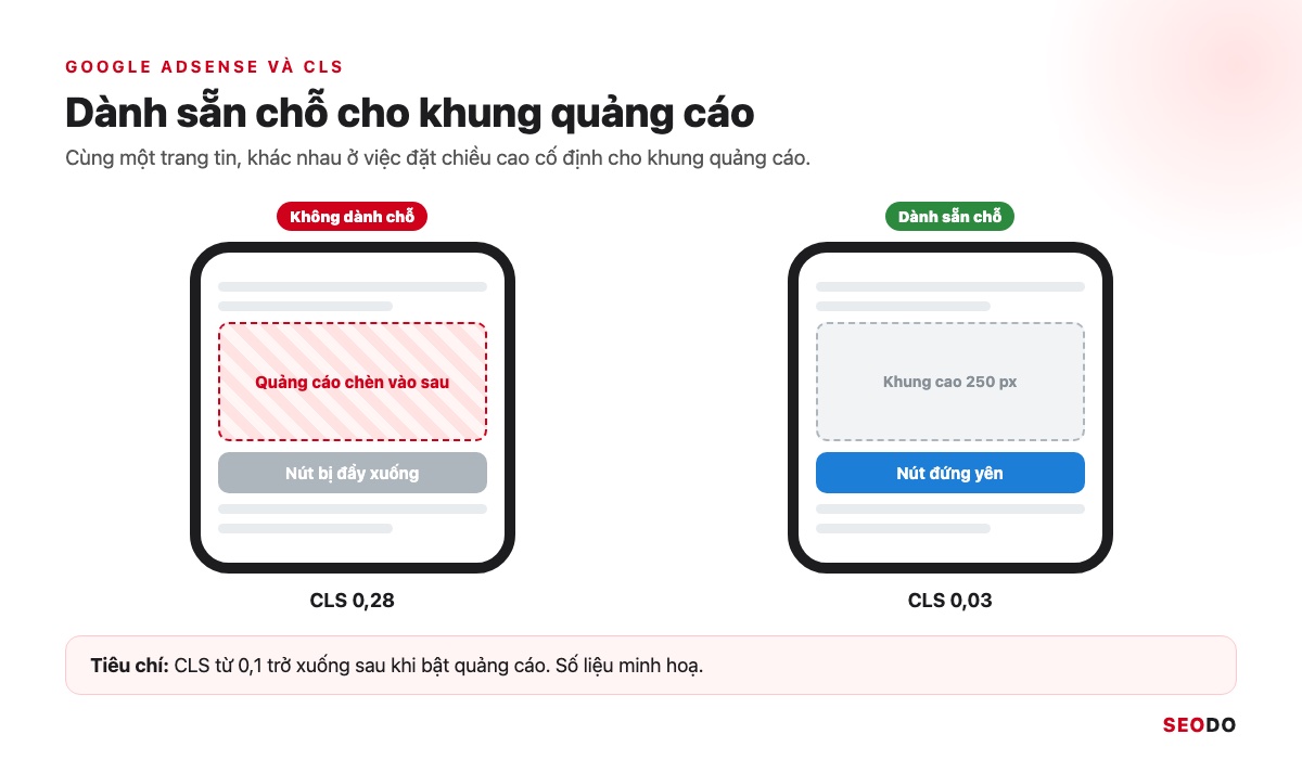So sánh trang có khung quảng cáo được dành sẵn chỗ và trang bị xô bố cục khi quảng cáo tải