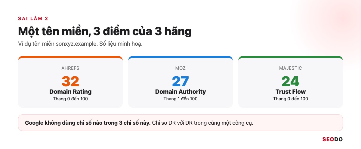 Bảng một tên miền với 3 điểm của 3 hãng: DR của Ahrefs, DA của Moz, Trust Flow của Majestic