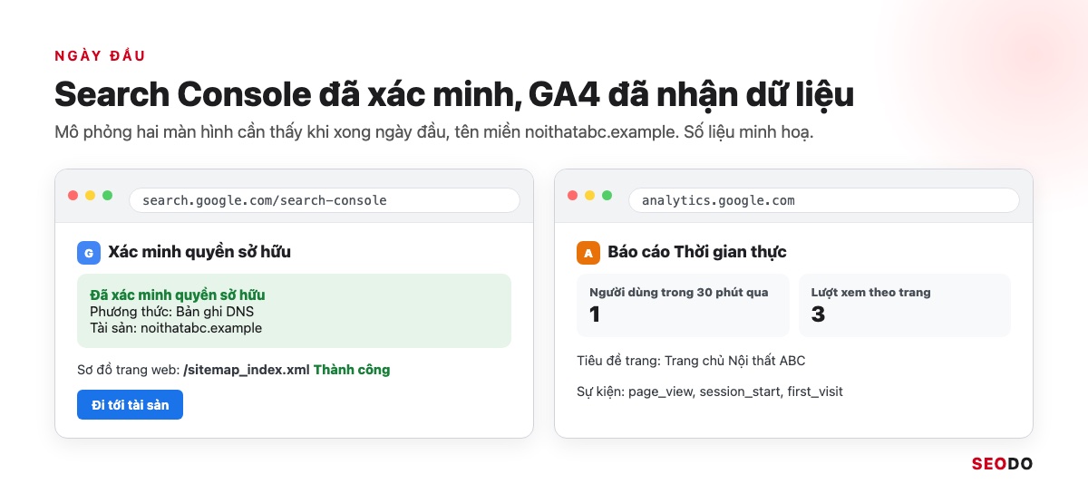 Mô phỏng thông báo xác minh quyền sở hữu thành công trong Search Console và báo cáo Thời gian thực của GA4