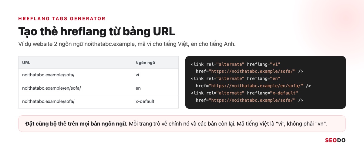 Mô phỏng bảng nhập URL và mã ngôn ngữ vi, en, x-default cùng đoạn mã hreflang được tạo ra