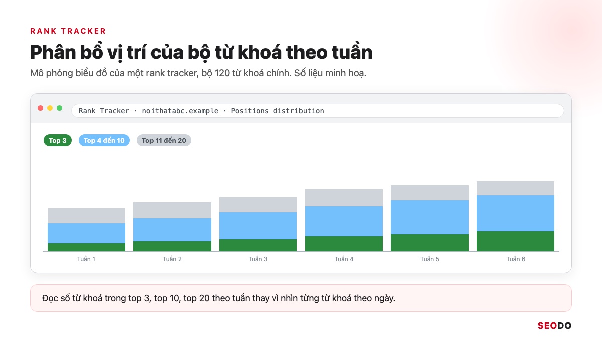 Mô phỏng biểu đồ phân bổ vị trí top 3, top 10, top 20 theo tuần trong rank tracker
