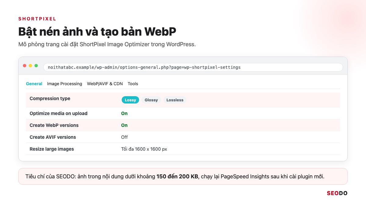 Mô phỏng trang cài đặt ShortPixel chọn mức nén Lossy và bật tạo bản WebP