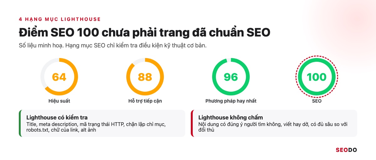 PageSpeed Insights Là Gì? Cách Dùng, Đọc Báo Cáo Và Sửa Lỗi Theo Thứ Tự (Cập Nhật 2026) 34 Bốn vòng điểm Hiệu suất, Hỗ trợ tiếp cận, Phương pháp hay nhất và SEO, kèm danh sách mục Lighthouse có và không kiểm tra