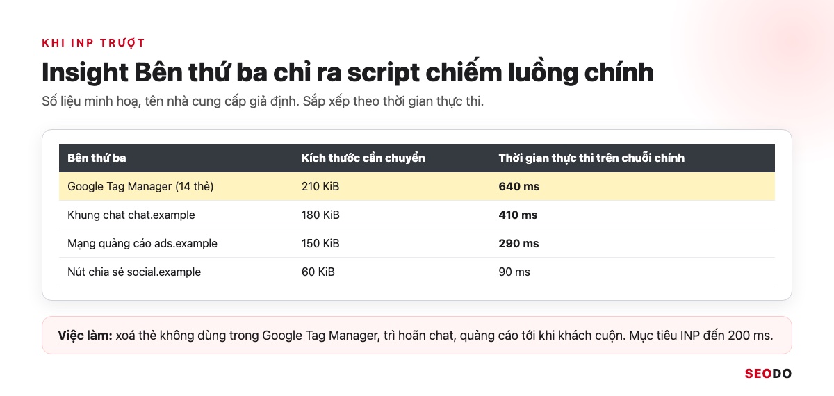 PageSpeed Insights Là Gì? Cách Dùng, Đọc Báo Cáo Và Sửa Lỗi Theo Thứ Tự (Cập Nhật 2026) 42 Bảng insight Bên thứ ba liệt kê Google Tag Manager, khung chat, mạng quảng cáo theo thời gian thực thi trên chuỗi chính