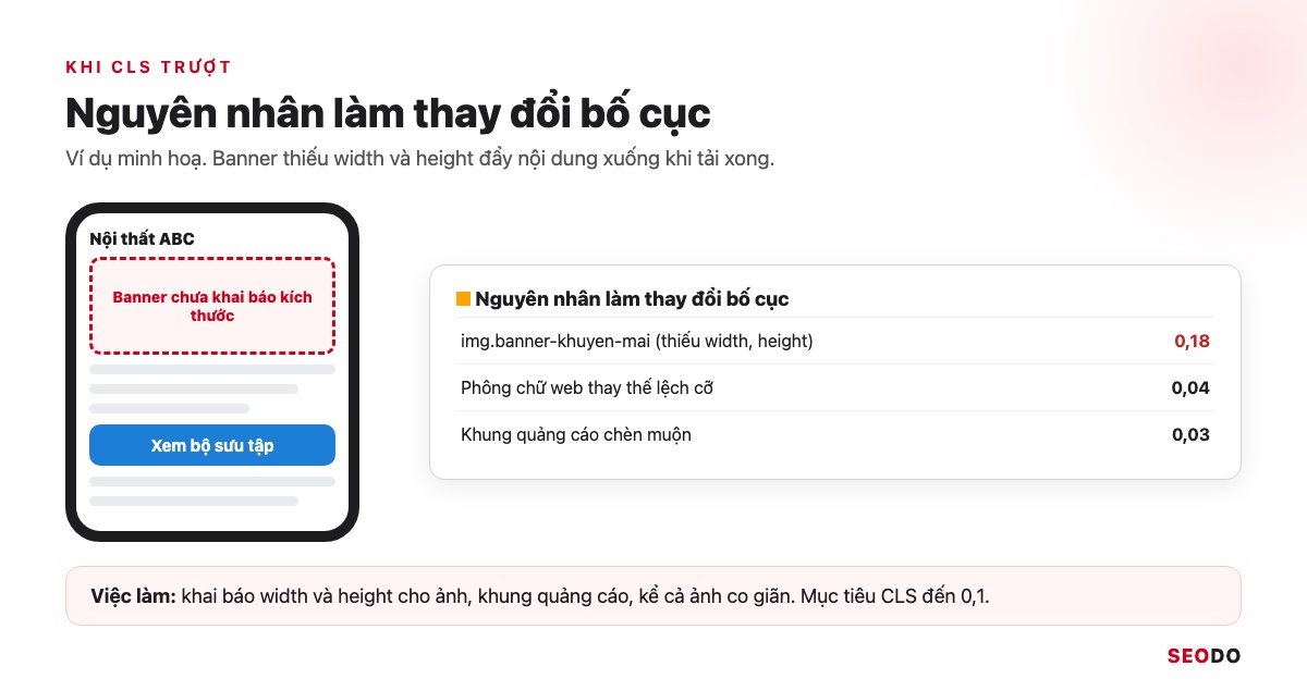 PageSpeed Insights Là Gì? Cách Dùng, Đọc Báo Cáo Và Sửa Lỗi Theo Thứ Tự (Cập Nhật 2026) 43 Điện thoại hiển thị trang Nội thất ABC có banner thiếu kích thước, bên cạnh insight Nguyên nhân làm thay đổi bố cục