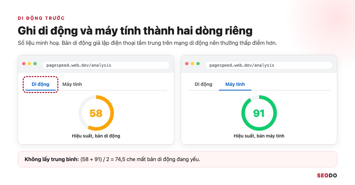 PageSpeed Insights Là Gì? Cách Dùng, Đọc Báo Cáo Và Sửa Lỗi Theo Thứ Tự (Cập Nhật 2026) 27 Hai báo cáo PageSpeed Insights cùng một trang, bản di động 58 điểm và bản máy tính 91 điểm, số liệu minh hoạ