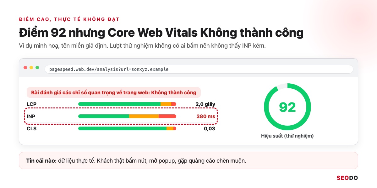 PageSpeed Insights Là Gì? Cách Dùng, Đọc Báo Cáo Và Sửa Lỗi Theo Thứ Tự (Cập Nhật 2026) 38 Báo cáo minh hoạ có điểm hiệu suất 92 nhưng Core Web Vitals Không thành công vì INP 380 ms