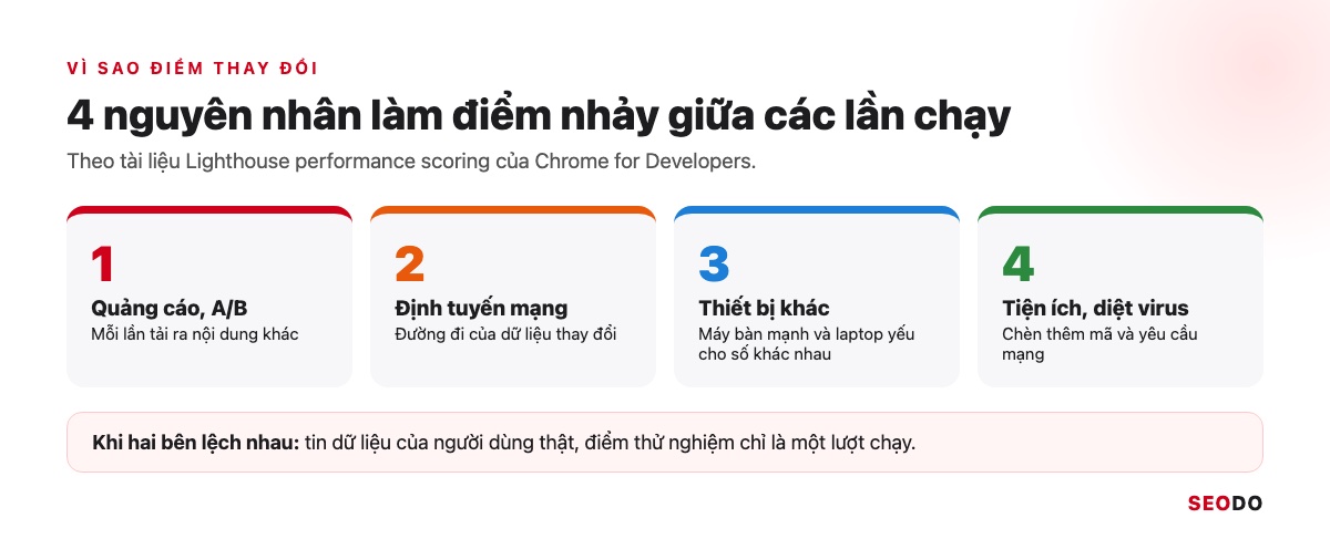 PageSpeed Insights Là Gì? Cách Dùng, Đọc Báo Cáo Và Sửa Lỗi Theo Thứ Tự (Cập Nhật 2026) 36 Bốn nguyên nhân làm điểm PageSpeed Insights thay đổi: quảng cáo và A/B, định tuyến mạng, thiết bị khác, tiện ích và phần mềm diệt virus