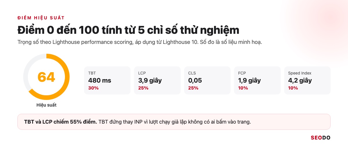 PageSpeed Insights Là Gì? Cách Dùng, Đọc Báo Cáo Và Sửa Lỗi Theo Thứ Tự (Cập Nhật 2026) 32 Vòng điểm hiệu suất 64 cạnh 5 chỉ số thử nghiệm TBT, LCP, CLS, FCP, Speed Index kèm trọng số