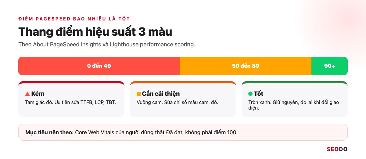 PageSpeed Insights Là Gì? Cách Dùng, Đọc Báo Cáo Và Sửa Lỗi Theo Thứ Tự (Cập Nhật 2026) 35 Thang điểm hiệu suất 3 màu: 0 đến 49 đỏ, 50 đến 89 cam, từ 90 xanh, kèm ký hiệu tam giác, hình vuông, hình tròn