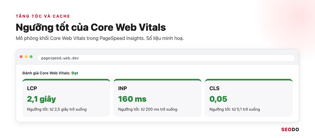Mô phỏng khối Core Web Vitals trong PageSpeed Insights đạt cả ba chỉ số