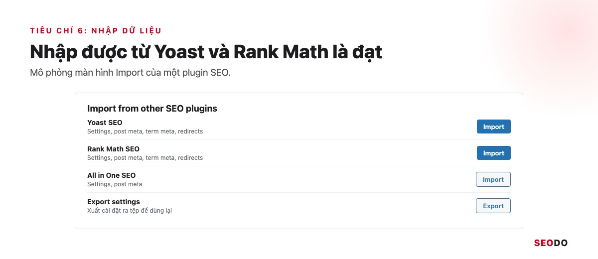 Mô phỏng màn hình Import của một plugin SEO với danh sách plugin nguồn