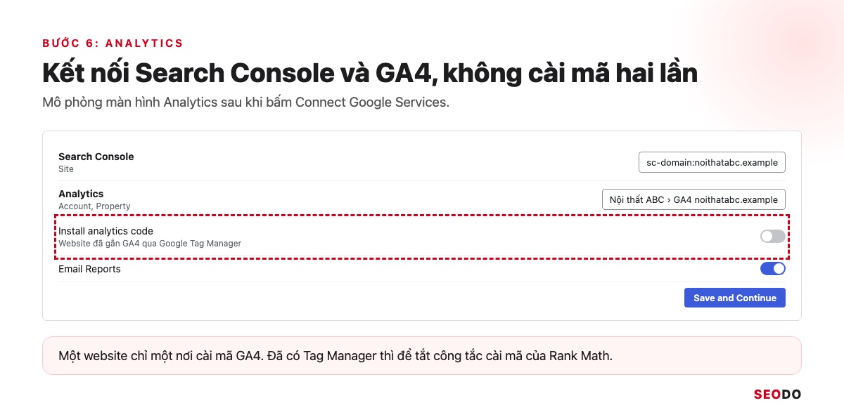 Mô phỏng màn hình Analytics với ô chọn Search Console, property GA4 và công tắc cài mã đang tắt