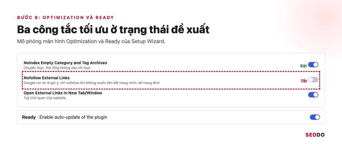 Mô phỏng màn hình Optimization với ba công tắc ở trạng thái đề xuất