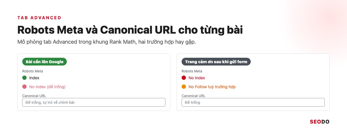 Mô phỏng tab Advanced với ô Robots Meta và ô Canonical URL