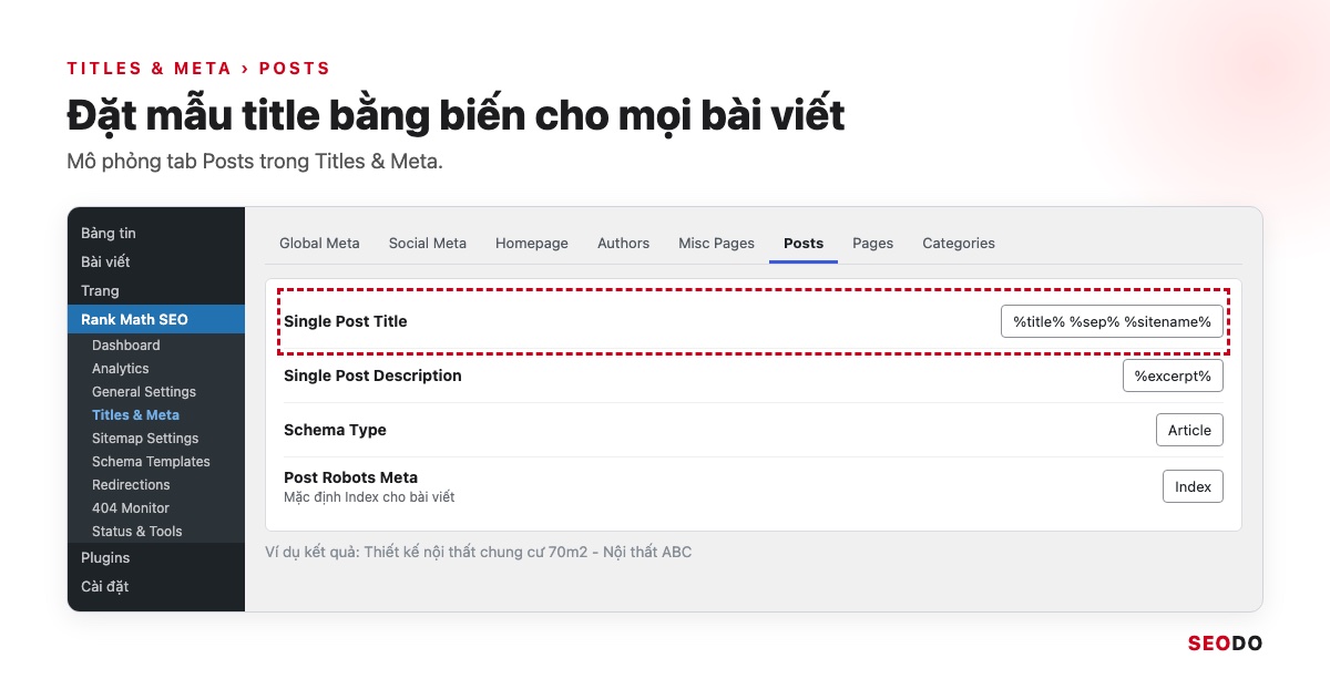 Mô phỏng tab Posts trong Titles và Meta với mẫu title bằng biến và robots meta