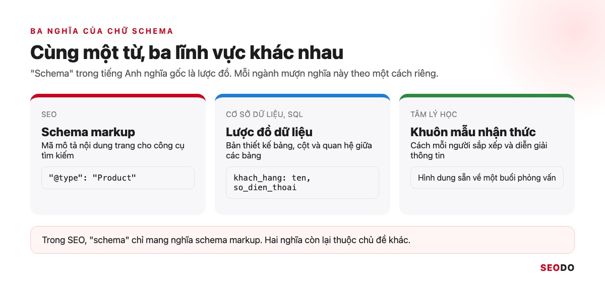 Bảng ba cột so sánh nghĩa của schema trong SEO, cơ sở dữ liệu và tâm lý học, mỗi cột một ví dụ