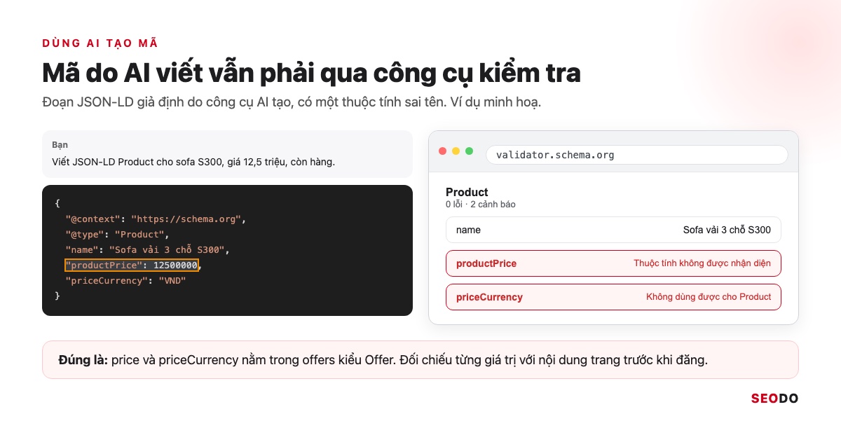 Mô phỏng đoạn JSON-LD do AI tạo có thuộc tính viết sai tên, Schema Markup Validator khoanh đỏ cảnh báo thuộc tính không được nhận diện
