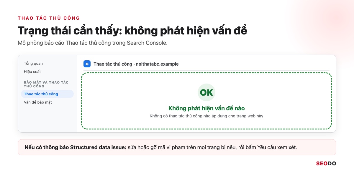 Mô phỏng báo cáo Thao tác thủ công trong Search Console ở trạng thái Không phát hiện vấn đề nào
