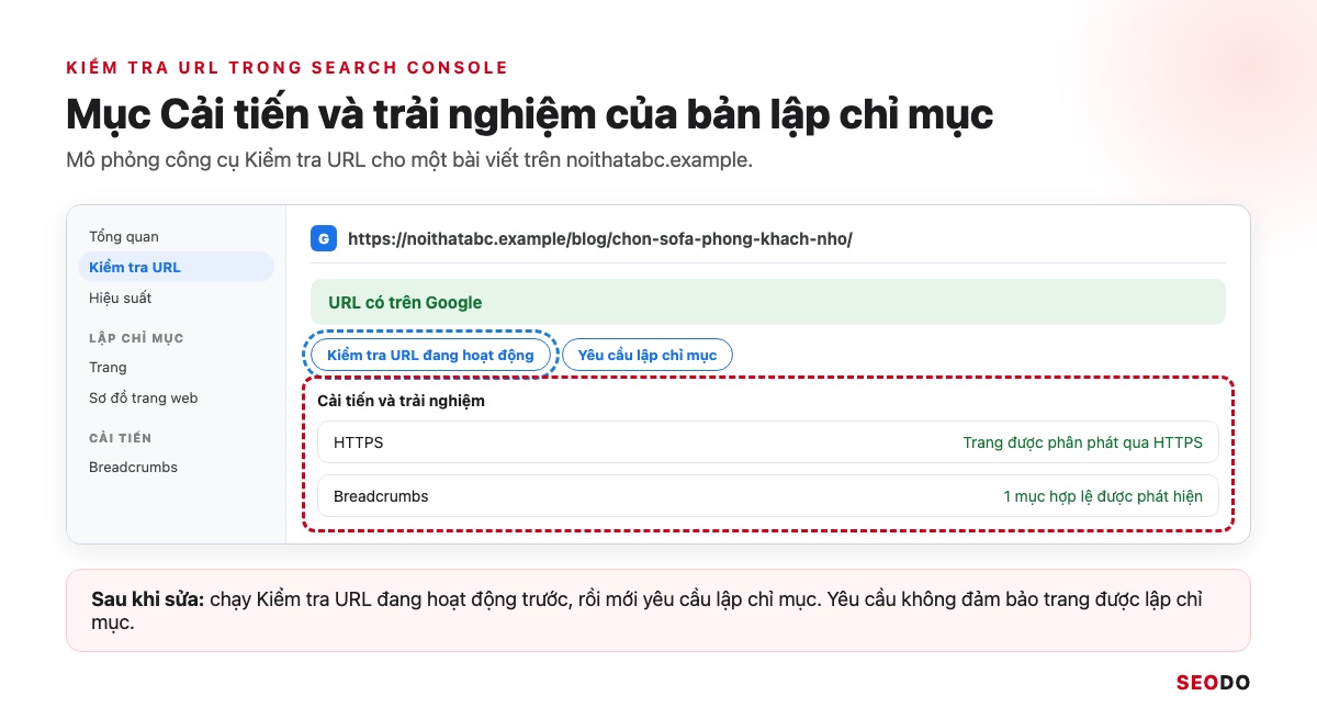 Mô phỏng công cụ Kiểm tra URL trong Search Console, khoanh mục Cải tiến và trải nghiệm hiện Breadcrumbs hợp lệ