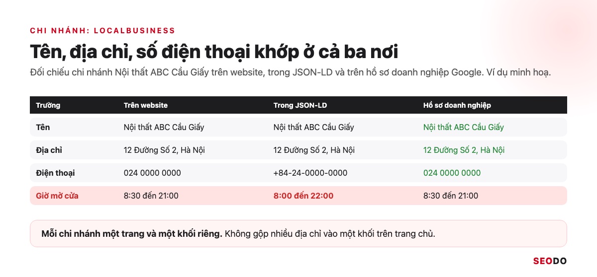 Bảng so sánh tên, địa chỉ, số điện thoại trên website, trong JSON-LD và trên hồ sơ doanh nghiệp Google, một dòng giờ mở cửa lệch tô đỏ
