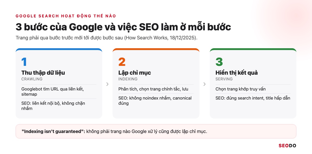 SEO Là Gì? Kiến Thức SEO Website Từ Cơ Bản Đến Quy Trình Triển Khai (Cập Nhật 2026) 54 Sơ đồ 3 bước thu thập dữ liệu, lập chỉ mục, hiển thị kết quả và việc SEO làm ở từng bước