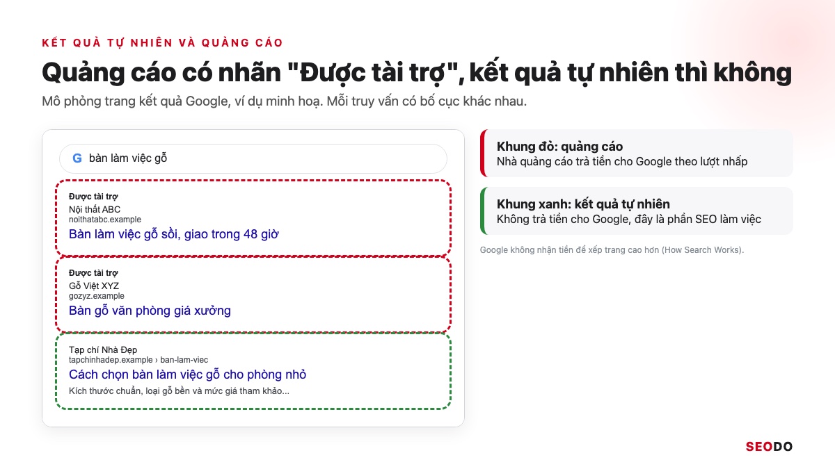 SEO Là Gì? Kiến Thức SEO Website Từ Cơ Bản Đến Quy Trình Triển Khai (Cập Nhật 2026) 53 Mô phỏng trang kết quả Google cho truy vấn bàn làm việc gỗ, khoanh đỏ 2 quảng cáo Được tài trợ và khoanh xanh kết quả tự nhiên