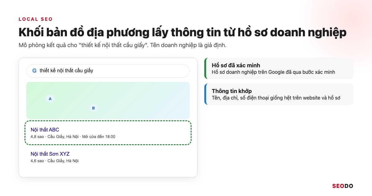 SEO Là Gì? Kiến Thức SEO Website Từ Cơ Bản Đến Quy Trình Triển Khai (Cập Nhật 2026) 67 Mô phỏng khối bản đồ địa phương cho truy vấn thiết kế nội thất cầu giấy