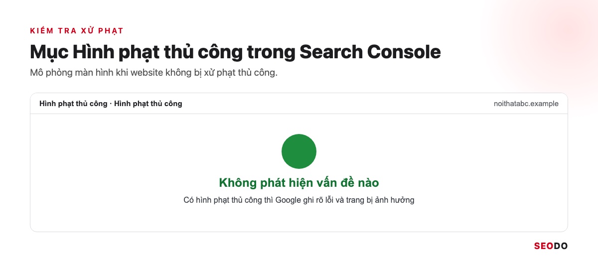 SEO Là Gì? Kiến Thức SEO Website Từ Cơ Bản Đến Quy Trình Triển Khai (Cập Nhật 2026) 81 Mô phỏng mục Hình phạt thủ công trong Search Console báo Không phát hiện vấn đề nào