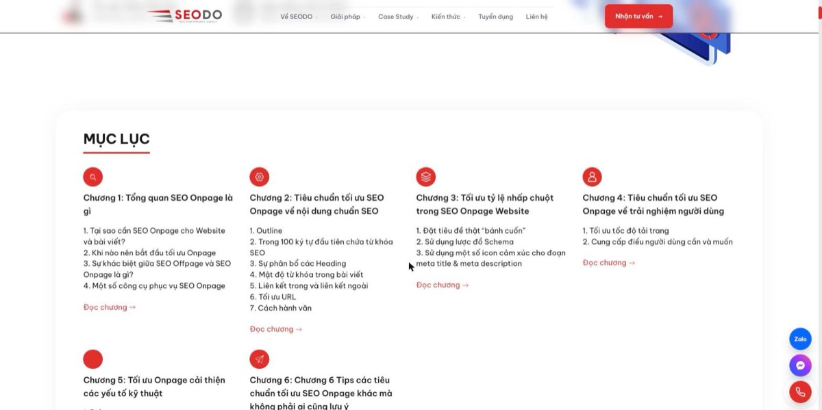 SEO Onpage Là Gì? 20 Việc Cần Làm Theo Thứ Tự Ưu Tiên (Cập Nhật 2026) 75 Mục lục dạng thẻ chia chương trên một bài kiến thức của seodo.vn