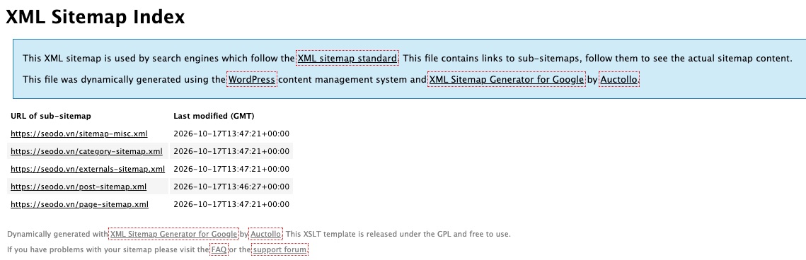 SEO Onpage Là Gì? 20 Việc Cần Làm Theo Thứ Tự Ưu Tiên (Cập Nhật 2026) 82 Sitemap index của seodo.vn gồm các sitemap con cho bài viết, trang và danh mục