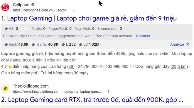 Kết quả Google cho từ khoá laptop gaming, phần lớn là trang danh mục của các cửa hàng