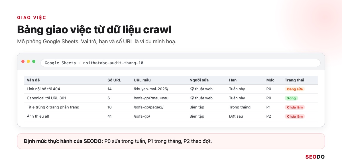 Mô phỏng Google Sheets bảng giao việc với cột vấn đề, số URL, URL mẫu, người sửa, hạn, mức và trạng thái