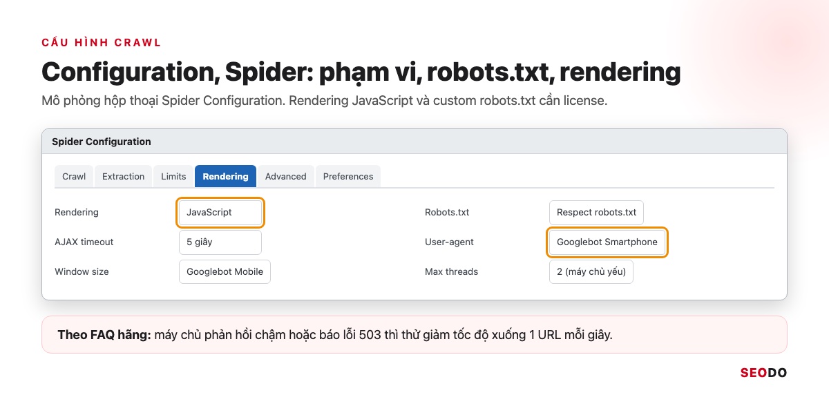 Mô phỏng hộp thoại Spider Configuration, tab Rendering bật JavaScript và user-agent Googlebot Smartphone