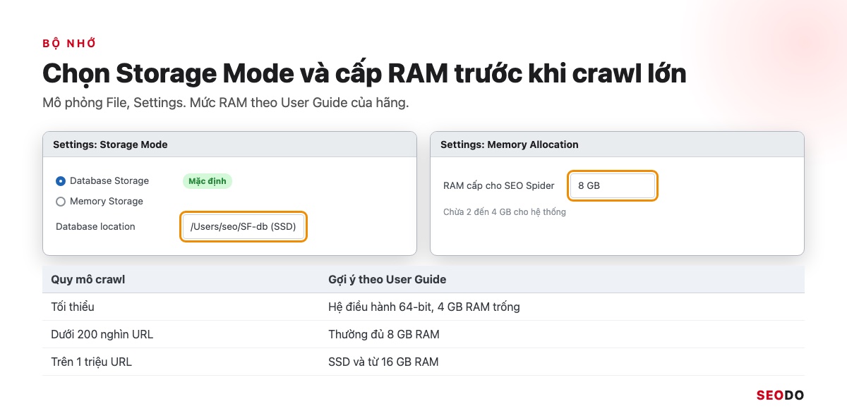 Mô phỏng File, Settings với Storage Mode chọn Database Storage và Memory Allocation 8 GB