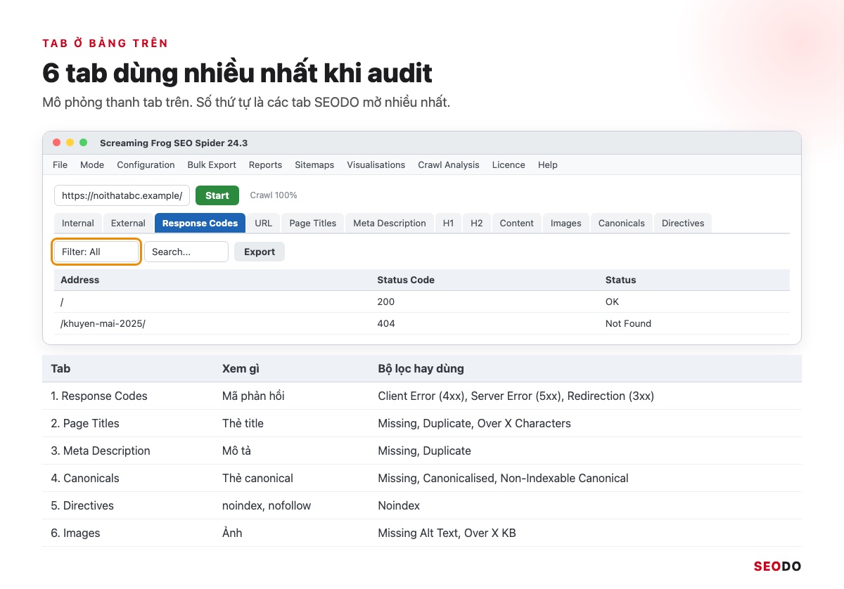 Mô phỏng thanh tab trên của SEO Spider và bảng 6 tab dùng nhiều nhất khi audit