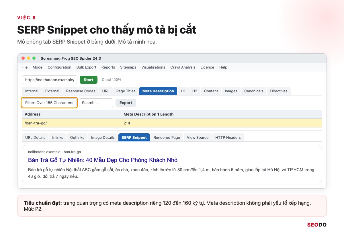 Mô phỏng SERP Snippet ở bảng dưới với mô tả 214 ký tự bị cắt cụt
