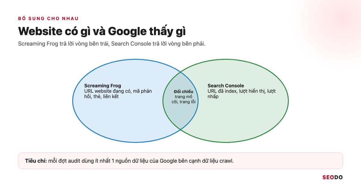 Sơ đồ 2 vòng tròn giao nhau: dữ liệu website có từ Screaming Frog và dữ liệu Google thấy từ Search Console