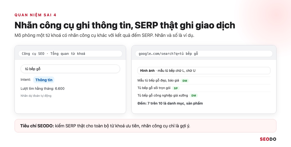 Mô phỏng nhãn intent thông tin của công cụ cho tủ bếp gỗ đặt cạnh trang kết quả toàn danh mục, sản phẩm
