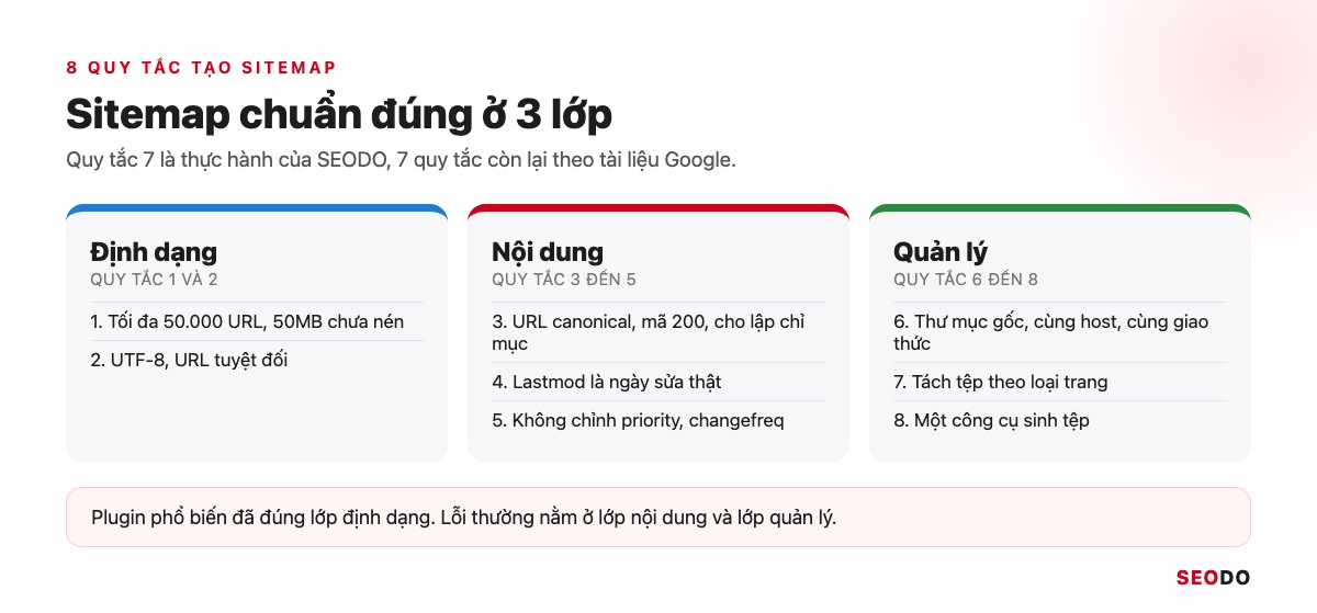 Sitemap Là Gì? Hướng Dẫn Tạo, Gửi Và Kiểm Tra Sitemap XML (Cập Nhật 2026) 69 Bảng 8 quy tắc tạo sitemap XML chia 3 nhóm định dạng, nội dung và quản lý tệp