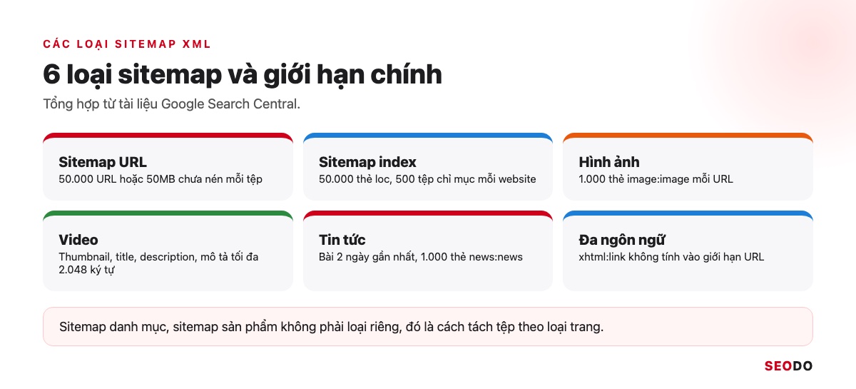 Sitemap Là Gì? Hướng Dẫn Tạo, Gửi Và Kiểm Tra Sitemap XML (Cập Nhật 2026) 64 Bảng 6 loại sitemap XML: sitemap URL, sitemap index, hình ảnh, video, tin tức và đa ngôn ngữ kèm giới hạn chính
