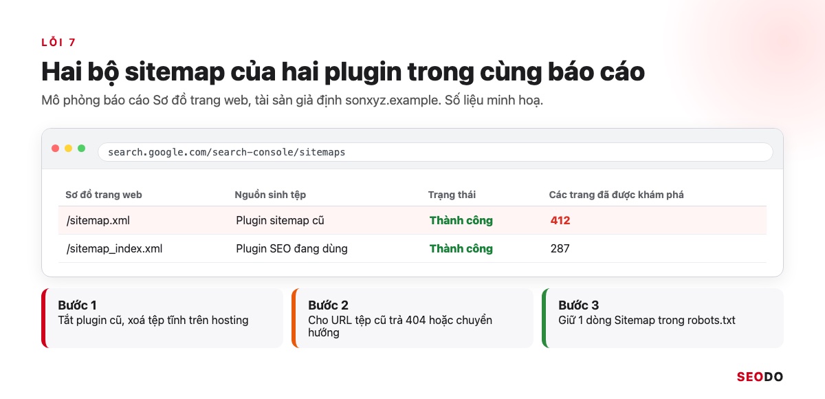 Sitemap Là Gì? Hướng Dẫn Tạo, Gửi Và Kiểm Tra Sitemap XML (Cập Nhật 2026) 99 Mô phỏng báo cáo Sơ đồ trang web của sonxyz.example có 2 bộ sitemap của 2 plugin với số trang đã khám phá lệch nhau