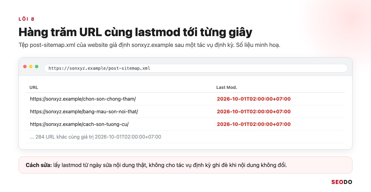 Sitemap Là Gì? Hướng Dẫn Tạo, Gửi Và Kiểm Tra Sitemap XML (Cập Nhật 2026) 100 Tệp sitemap của sonxyz.example có hàng trăm URL cùng lastmod 2026-10-01T02:00:00+07:00