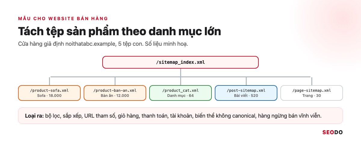 Sitemap Là Gì? Hướng Dẫn Tạo, Gửi Và Kiểm Tra Sitemap XML (Cập Nhật 2026) 103 Sơ đồ sitemap index của website bán hàng noithatabc.example có 5 tệp con, tệp sản phẩm tách theo danh mục sofa và bàn ăn