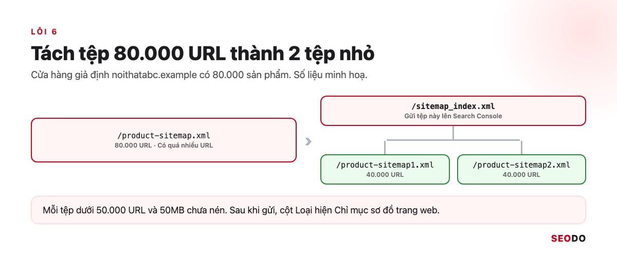 Sitemap Là Gì? Hướng Dẫn Tạo, Gửi Và Kiểm Tra Sitemap XML (Cập Nhật 2026) 98 Sơ đồ tách 1 tệp 80.000 URL thành 2 tệp 40.000 URL gom bằng sitemap index